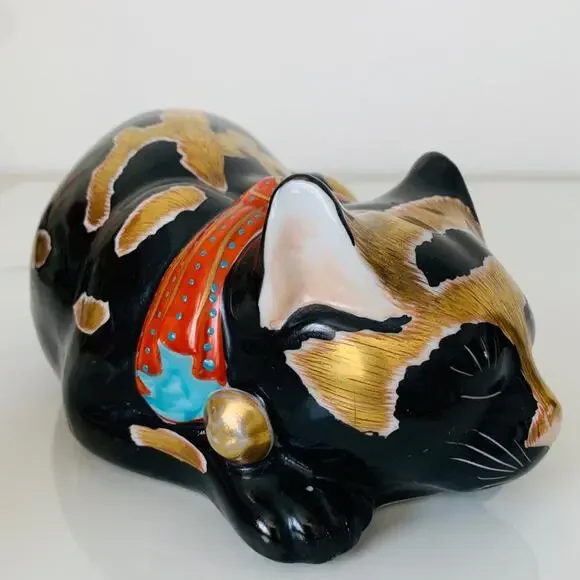 Antique Sleeping Cat Nemuri Neko Kutani Imari Porcelain Cat Japan Gilded